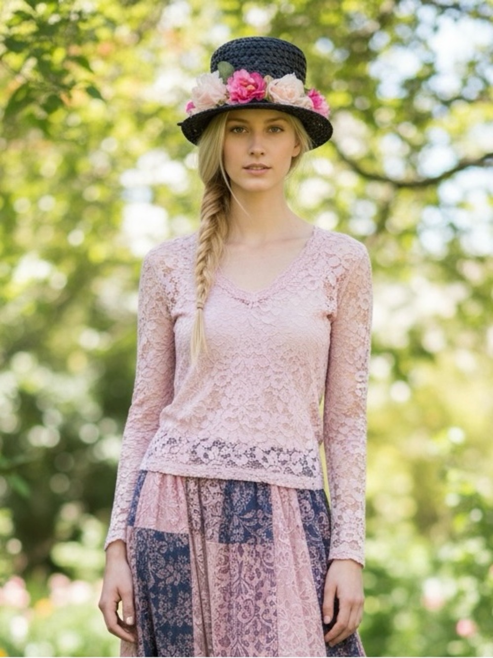 Mr. Charles Vintage  Navy-Blue Straw Women's Hat with Pink & Cream Floral Band